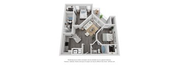 A 3D floor plan of a house with a kitchen, living room, and two bedrooms.