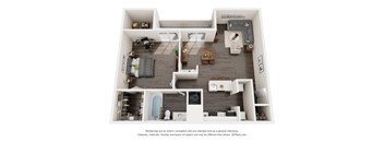 A 3D floor plan of a small apartment with a kitchen, living room, and bathroom.