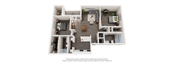 A 3D floor plan of a house with a kitchen, living room, and bathrooms.