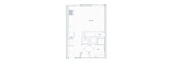 A floor plan of a small apartment with a living room, kitchen, and bathroom.
