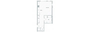 A floor plan of a small apartment with a living room, kitchen, bathroom, and closet.