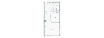 A floor plan of a small apartment with a kitchen, living room, bed, bathroom, and cloakroom.
