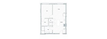 A floor plan of a room with a bed, a cloakroom, a bath, a laundry area, and a kitchen.