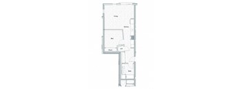 A floor plan of a small apartment with a living room, kitchen, bed, cloakroom and bathroom.