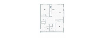 A floor plan of a house with a living room, kitchen, two bathrooms, and two bedrooms.