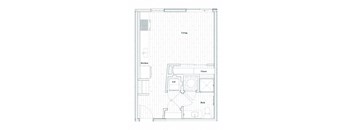 A floor plan of a small apartment with a living room, kitchen, bathroom, and closet.