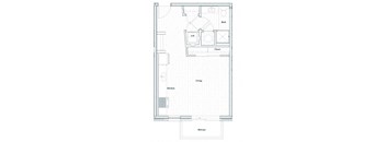 A floor plan of a small apartment with a living room, kitchen, bath, and closet.
