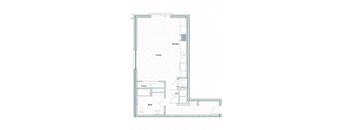 A floor plan of a room with a kitchen, living room, closet, and bath.