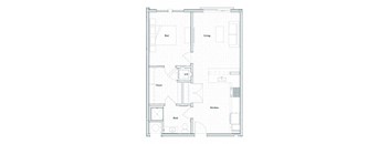 A floor plan of a house with labeled rooms including a bed, living room, closet, bath, and kitchen.