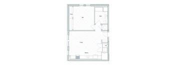 A floor plan of a small apartment with a bed, bath, living room, and kitchen.
