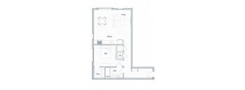 A floor plan of a small apartment with a kitchen, bed, and bath.