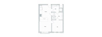 A floor plan of a house with a kitchen, living room, bedroom, bathroom, and closet.