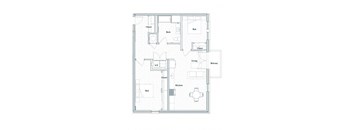 A floor plan of a house with a living room, kitchen, two bedrooms, a bathroom, and a balcony.