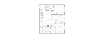 A floor plan of a house with a kitchen, living room, bedroom, bathroom, and closet.