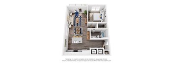 A 3D floor plan of a small apartment with a kitchen, living room, and bathroom.