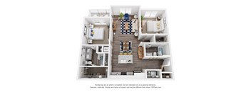 A 3D floor plan of a two-bedroom apartment with a living room, kitchen, and bathroom.