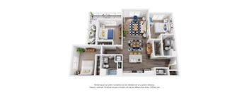 A 3D floor plan of a small apartment with a kitchen, living room, and bathroom.
