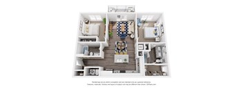 A 3D floor plan of a house with a kitchen, living room, and two bedrooms.