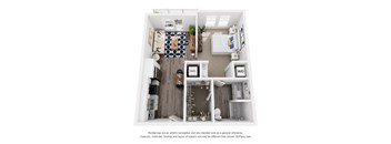 A 3D floor plan of a small apartment with a kitchen, living room, and bathroom.