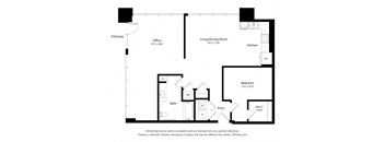 A floor plan of a small apartment with an office, living/dining room, kitchen, bath, and bedroom.