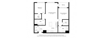 A black and white floor plan of a house with a balcony, two bathrooms, and a kitchen.