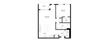 A floor plan of a house with a living room, kitchen, bathroom, and two bedrooms.
