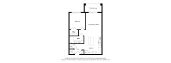 A floor plan of a house with a bedroom, living/dining room, kitchen, bath, and entry.