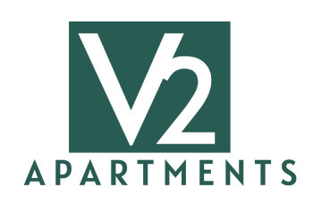 A logo for V2 Apartments is displayed.