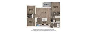 A 3D floor plan of a home with three bedrooms, a living room, a kitchen, a bath, and a patio.