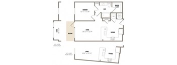 A floor plan of a two-bedroom apartment with a living room, kitchen, balcony, and bathroom.
