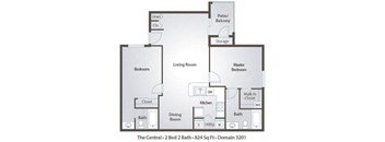A floor plan of a home with two bedrooms, two bathrooms, a living room, a dining room, a kitchen, a walk-in closet, and a patio/balcony.
