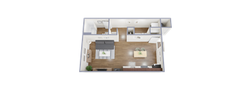 A 3D floor plan of a house with a living room, kitchen, and two bedrooms.