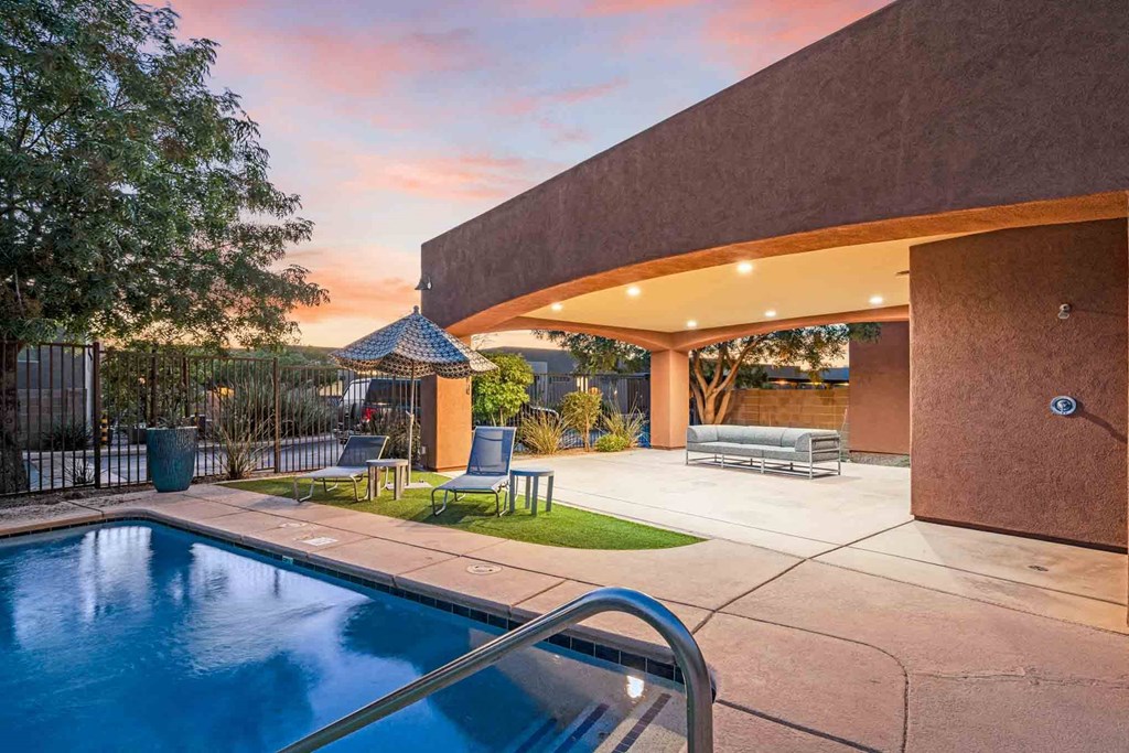 sunset pool area at Avilla River Apartments in Tucson Arizona