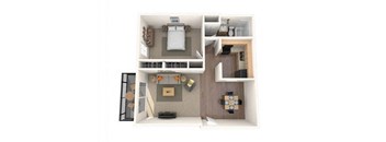 A top-down view of a small apartment with a kitchen, living room, and bathroom.
