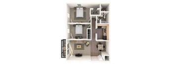 A floor plan of a house with a kitchen, living room, and two bedrooms.