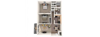 A floor plan of a small apartment with a kitchen, living room, and bedroom.