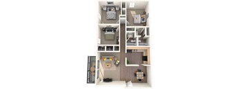A top-down view of a small apartment with a kitchen, living room, and bedroom.