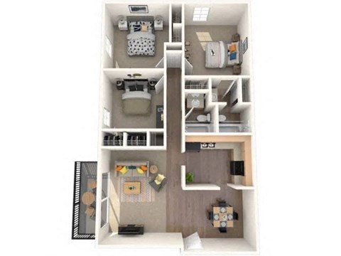 A top-down view of a small apartment with a kitchen, living room, and bedroom.