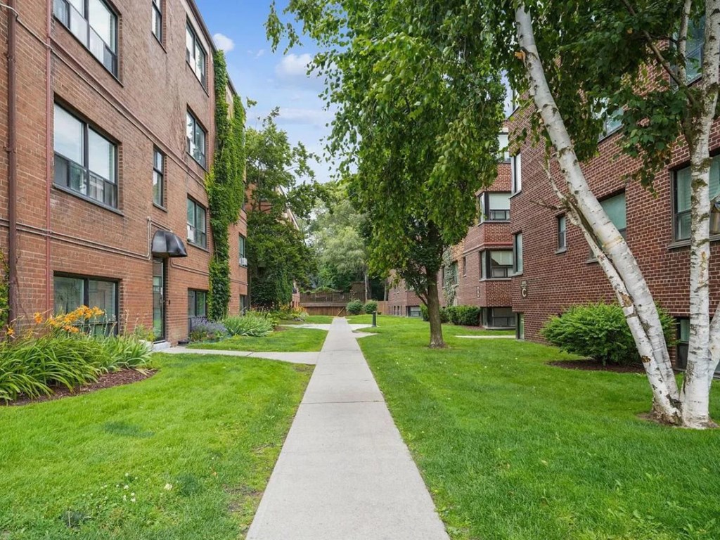A tree-lined walkway separates two rows of red brick apartment buildings.