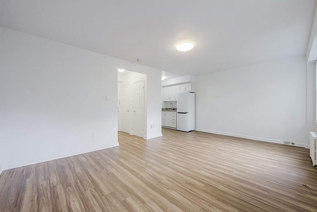 a room with white walls and a wooden floor and a ceiling light at 161 St. George, Toronto Canada
