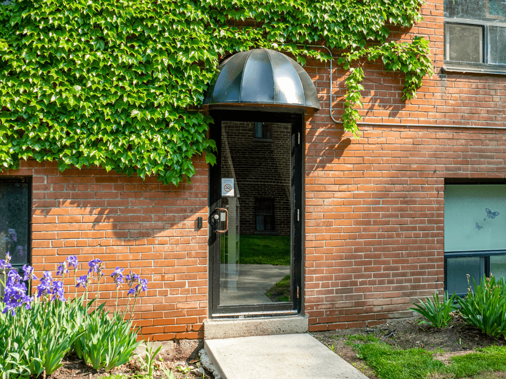 A brick building with a doorway covered in greenery.