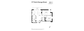 A floor plan for a property at 177 Saint George Street, showing two bedrooms, a living room, a dining room, a kitchen, a pantry, and a balcony. at 177 Saint George Apartments, Toronto, CA