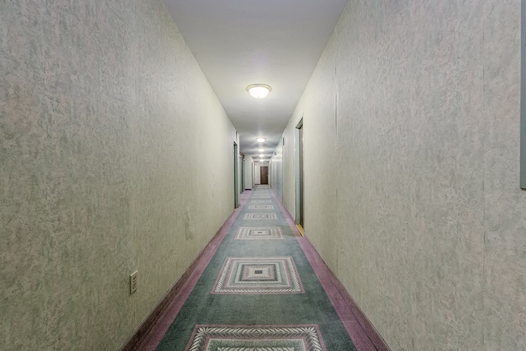 a long corridor with a carpet in a building at 70 Park, Canada, L5G 1M5