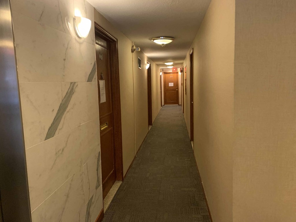 a long hallway with white marble walls and doors and a carpet