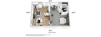 a stylized look at the one bedroom 670 floor plan