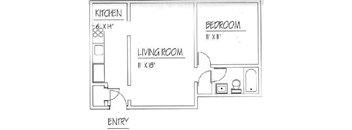 A floor plan of a small apartment with a kitchen, living room, and bedroom.