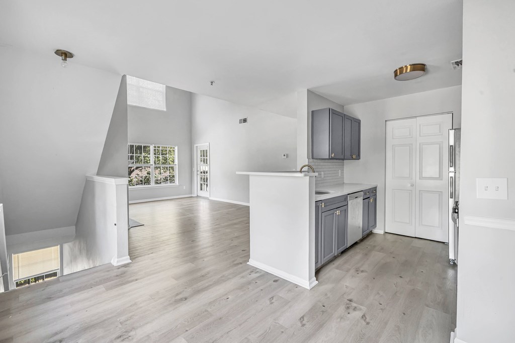 A white kitchen with a wooden floor and a white door.
