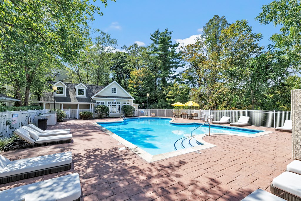 A pool surrounded by trees and a house in the background.