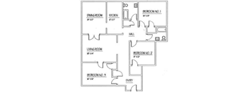 A black and white image of a house floor plan with three bedrooms, a living room, a dining room, a kitchen, and a hall.