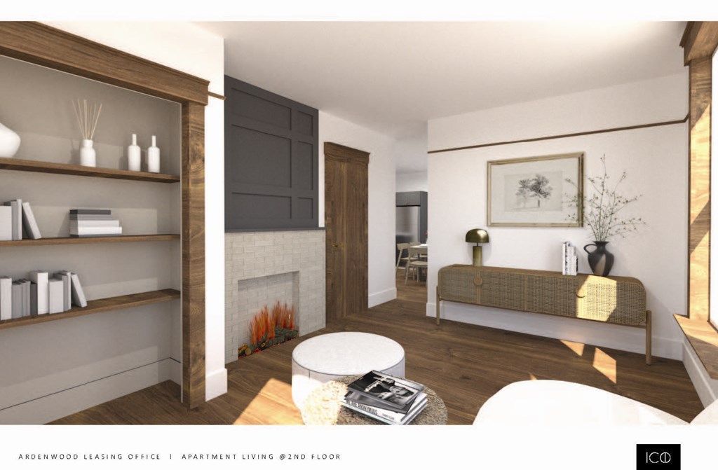 a rendering of a living room with a fireplace